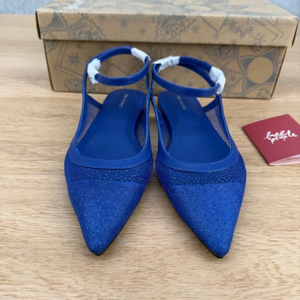 Free People Revolve Sheer Glitter Jules Flat Size 6.5 Bright Navy Point Toe NEW